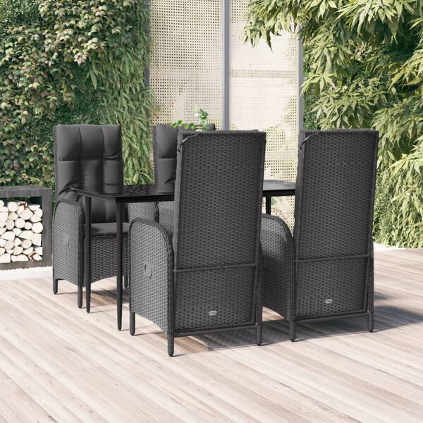 vidaXL 5 Piece Garden Dining Set with Cushions Black Poly Rattan