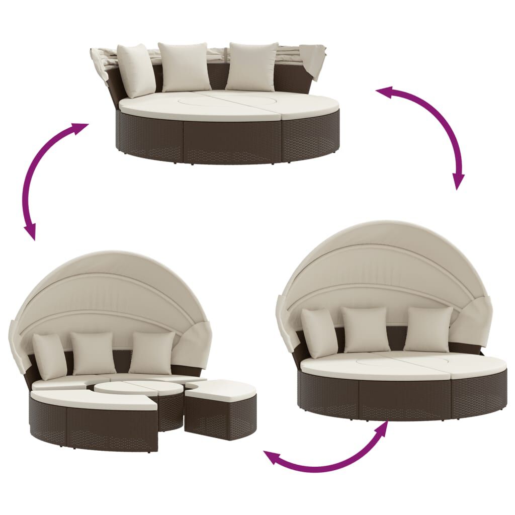 vidaXL Outdoor Lounge Bed with Canopy and Cushions Brown Poly Rattan