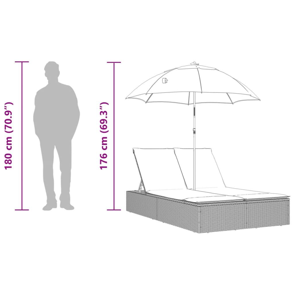 vidaXL Double Sun Lounger with Cushions&Parasol Grey Poly Rattan