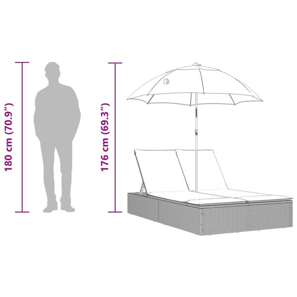 vidaXL Double Sun Lounger with Cushions&Parasol Grey Poly Rattan