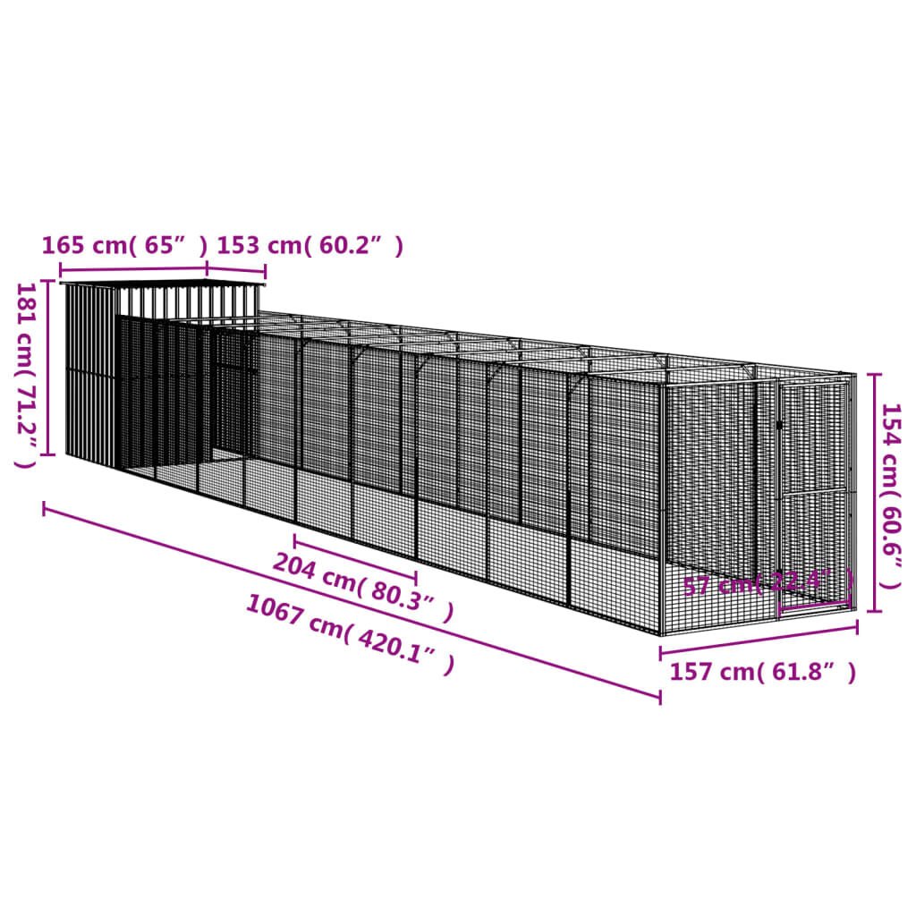 vidaXL Dog House with Run Light Grey 165x1067x181 cm Galvanised Steel