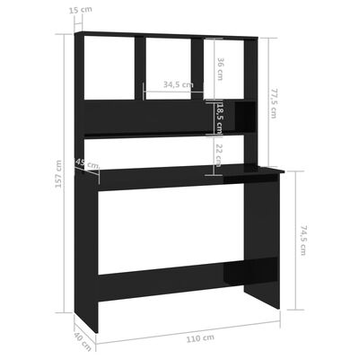 vidaXL Desk with Shelf High Gloss Black 110x45x157 cm Engineered Wood