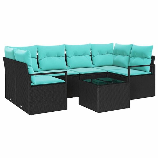 vidaXL Sofa Set 7 pcs Black and Blue Poly Rattan