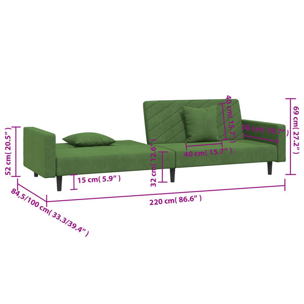 vidaXL 2-Seater Sofa Bed with Two Pillows Dark Green Velvet