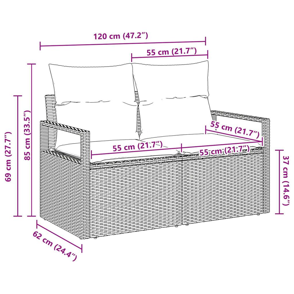 vidaXL 2-Seater Garden Sofa with Cushions Brown Poly Rattan
