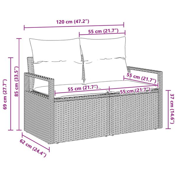 vidaXL 2-Seater Garden Sofa with Cushions Brown Poly Rattan