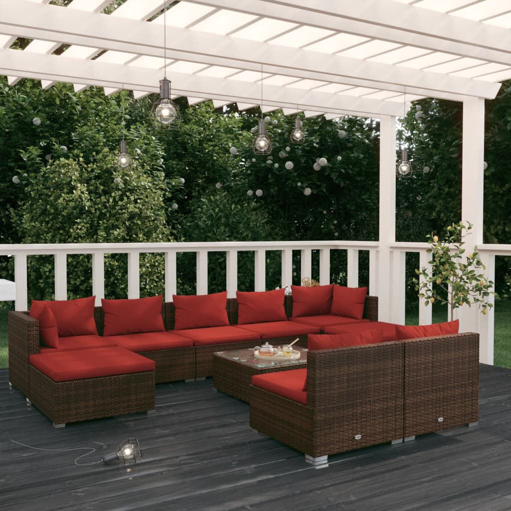 vidaXL 10 Piece Garden Lounge Set with Cushions Brown Poly Rattan