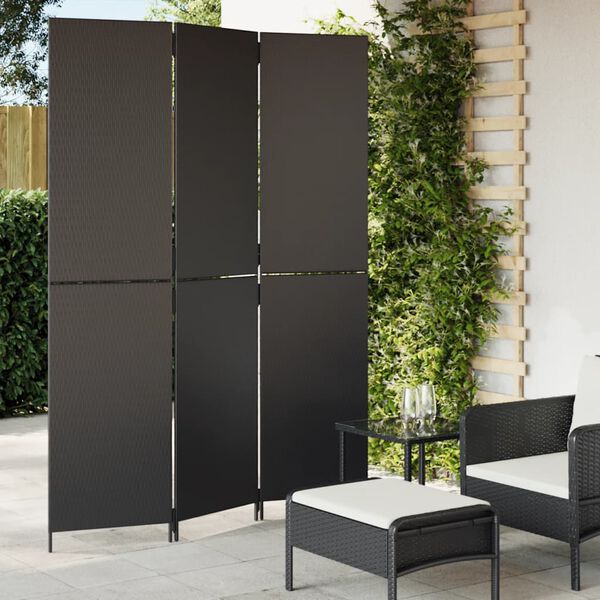 vidaXL Room Divider 3 Panels Black Poly Rattan