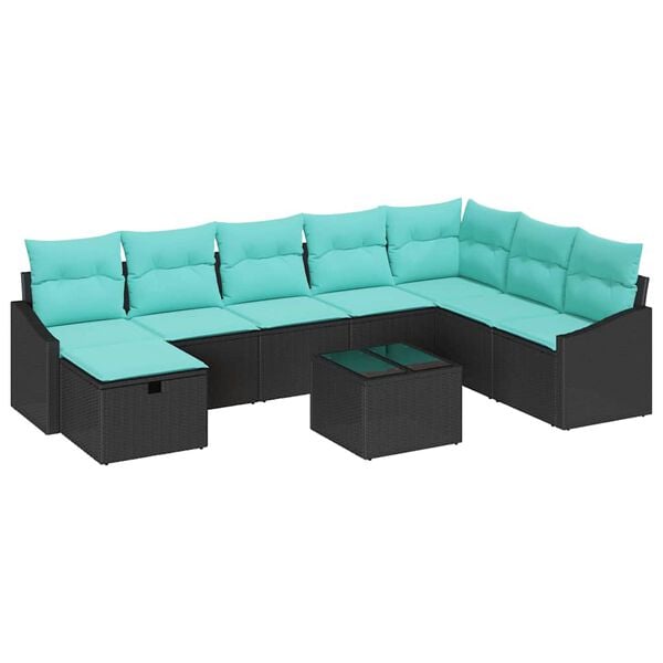 vidaXL Garden Sofa Set with Cushion 9 pcs Black Poly rattan