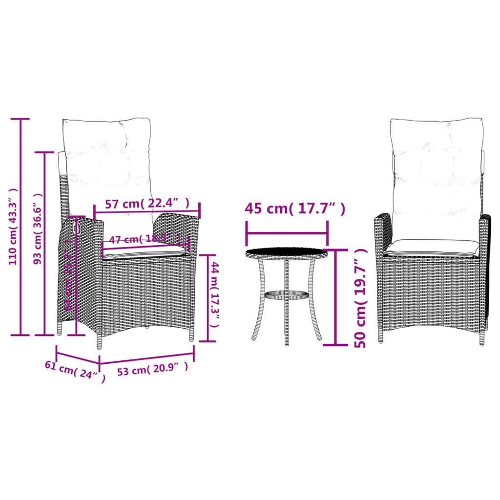 vidaXL 3 Piece Bistro Set with Cushions Beige Poly Rattan