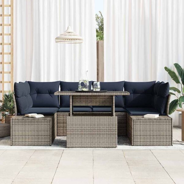 vidaXL Sofa Set with Cushion 7 pcs Grey and Navy Blue Poly Rattan