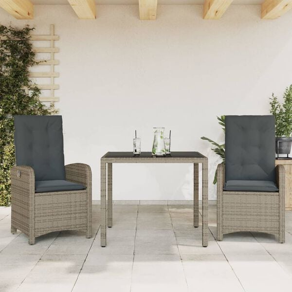 vidaXL 3 Piece Garden Dining Set with Cushions Grey Poly Rattan