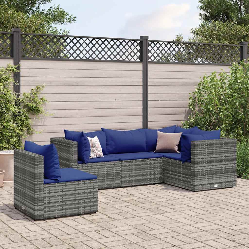 vidaXL 5 Piece Garden Lounge Set with Cushions Grey Poly Rattan