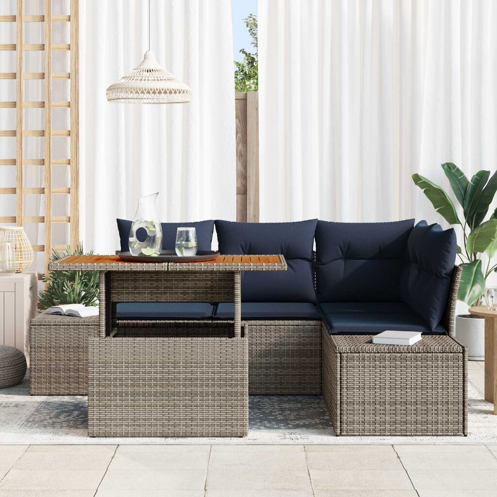 vidaXL 5 Piece Garden Sofa Set with Cushions Grey Poly Rattan Acacia
