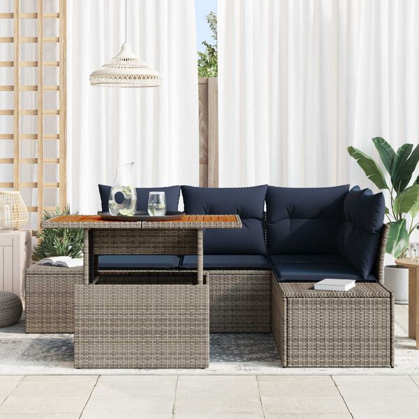 vidaXL 5 Piece Garden Sofa Set with Cushions Grey Poly Rattan Acacia