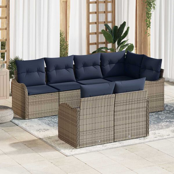 vidaXL 7 Piece Garden Sofa Set with Cushions Grey Poly Rattan