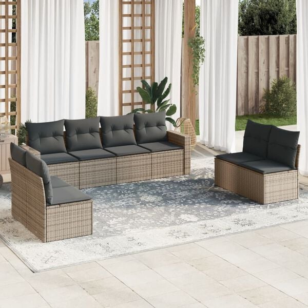 vidaXL 9 Piece Garden Sofa Set with Cushions Grey Poly Rattan