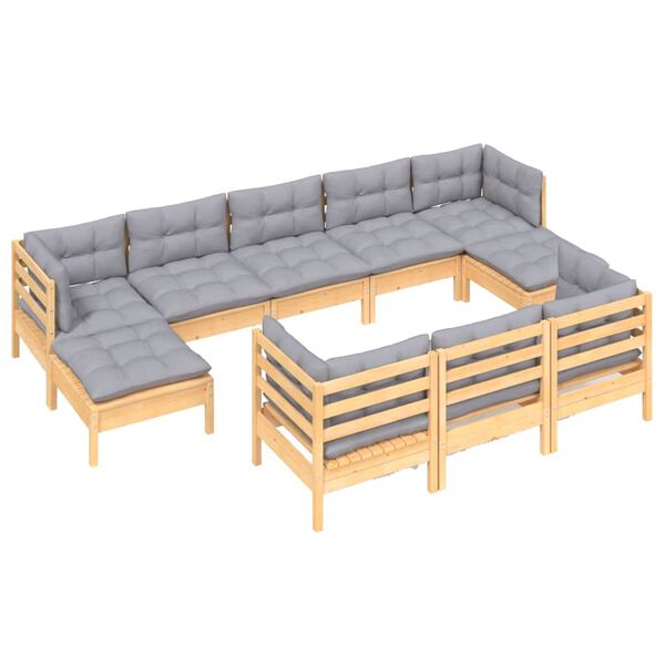 vidaXL 10 Piece Garden Lounge Set with Grey Cushions Solid Pinewood