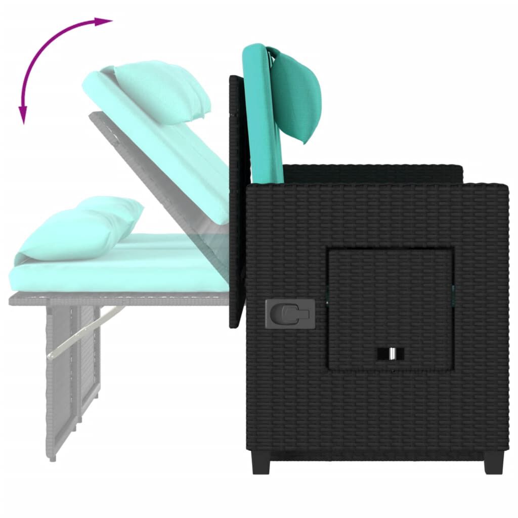 vidaXL Reclining Garden Bench with Cushions Black Poly Rattan