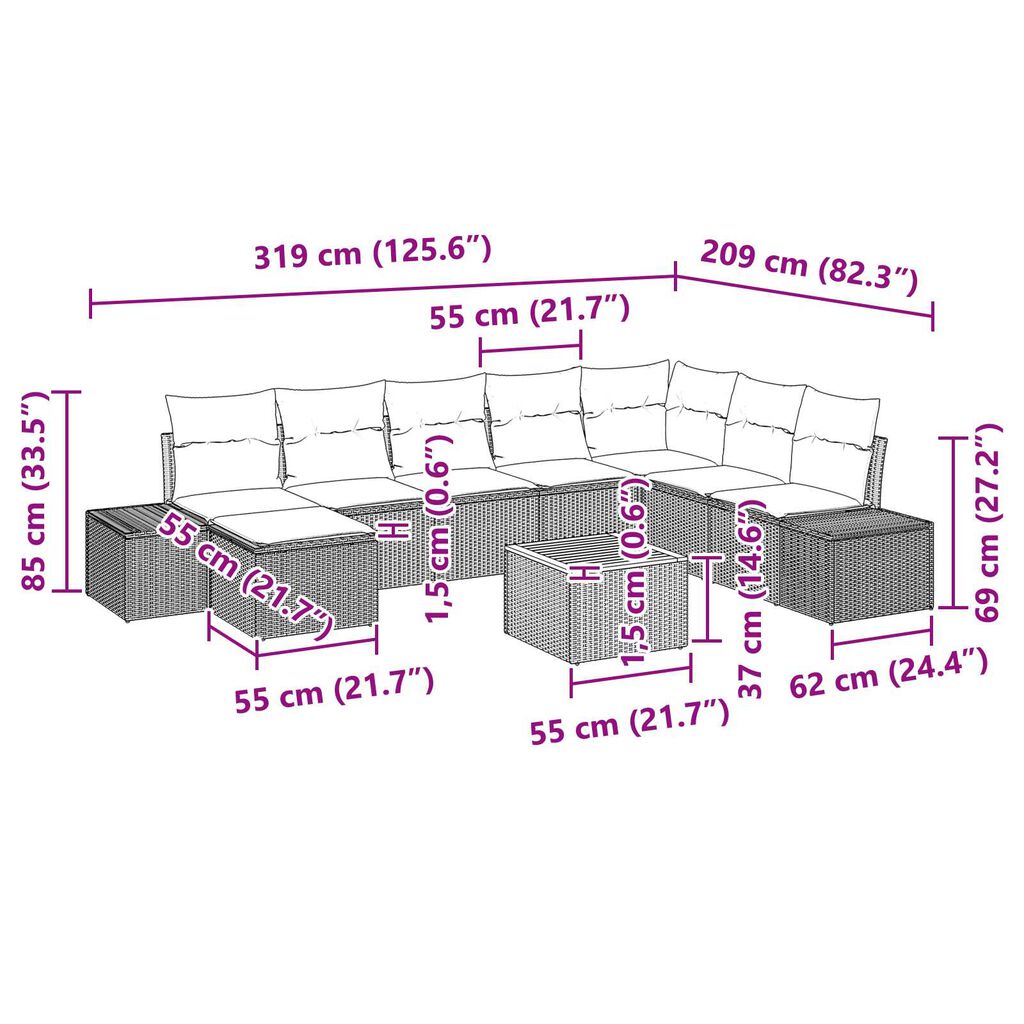 vidaXL 9 Piece Garden Sofa Set with Cushions Black Poly Rattan Acacia