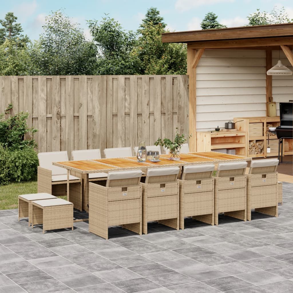 vidaXL 15 Piece Garden Dining Set with Cushions Beige Poly Rattan
