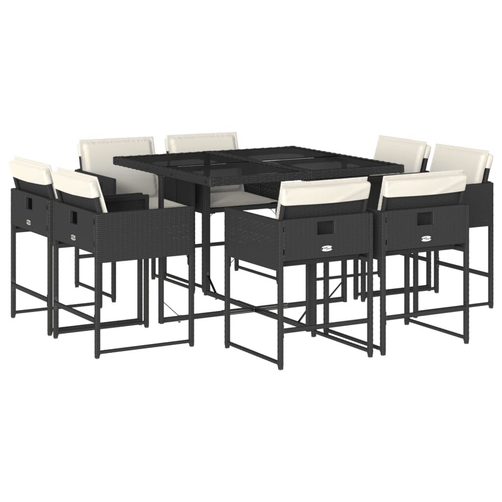 vidaXL 9 Piece Garden Dining Set with Cushions Black Poly Rattan