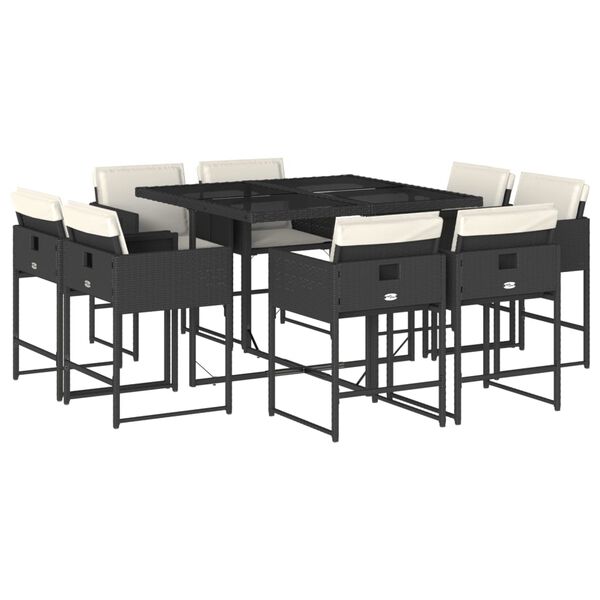 vidaXL 9 Piece Garden Dining Set with Cushions Black Poly Rattan