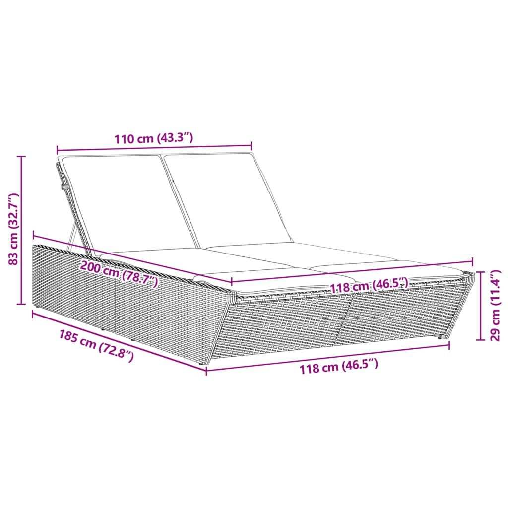 vidaXL Double Sun Lounger with Cushions Grey Poly Rattan