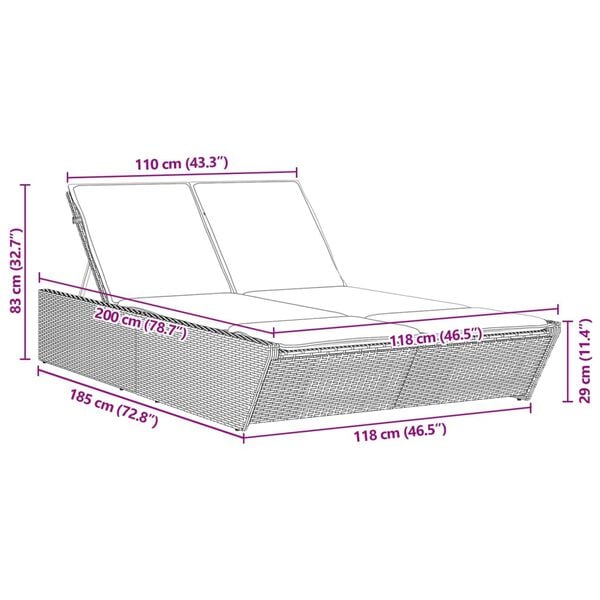 vidaXL Double Sun Lounger with Cushions Grey Poly Rattan