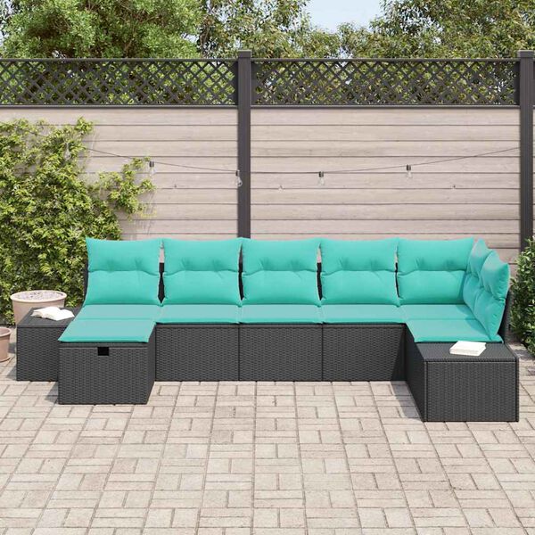 vidaXL Garden Sofa Set with Cushion 7 pcs Black Poly Rattan
