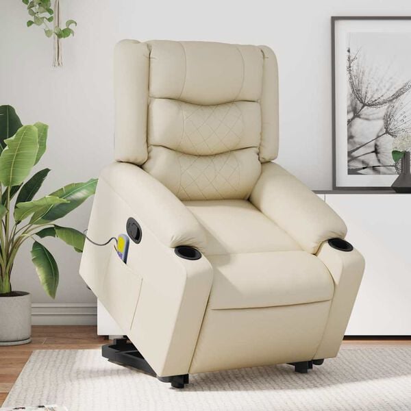 vidaXL Stand up Massage Recliner Chair Cream Faux Leather