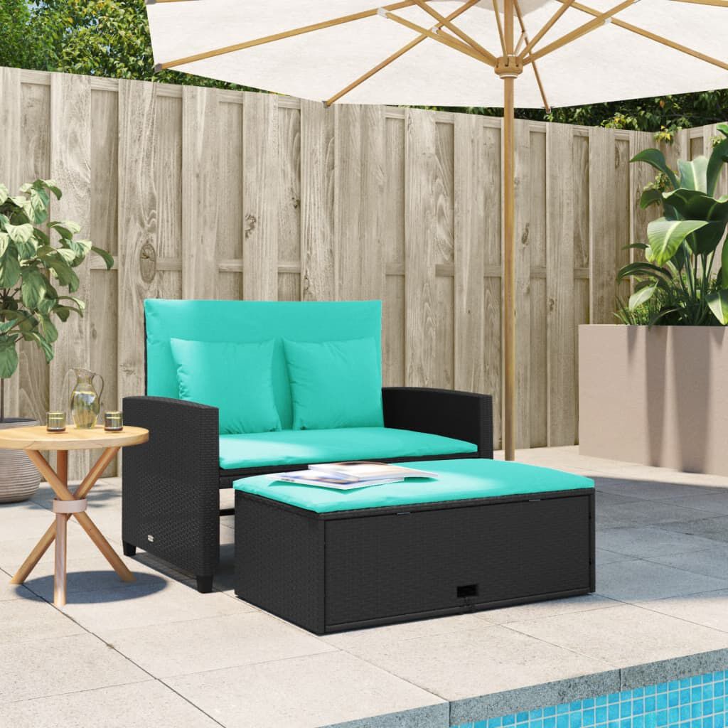 vidaXL Garden Sofa with Cushions 2-Seater Black Poly Rattan
