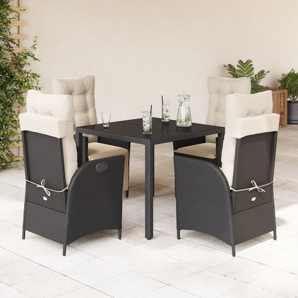 vidaXL 5 Piece Garden Dining Set with Cushions Black Poly Rattan
