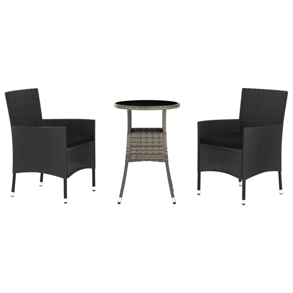 vidaXL 3 Piece Garden Bistro Set with Cushions Black Poly Rattan