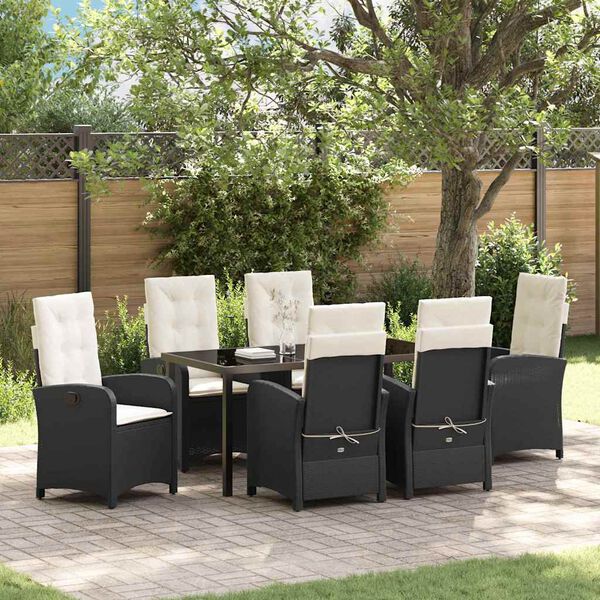 vidaXL Garden Dining Set with Cushion 7 pcs Black Poly Rattan