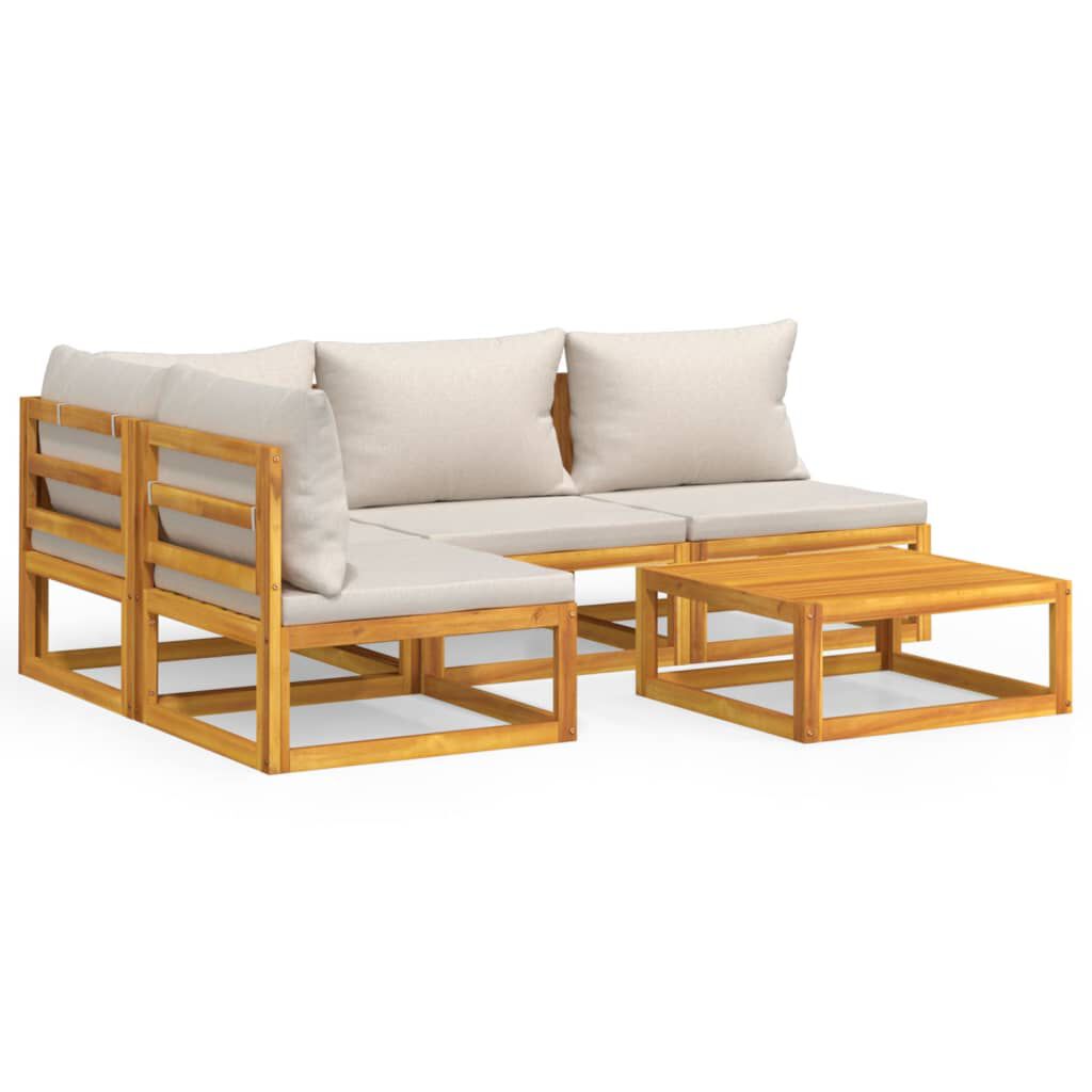 vidaXL 5 Piece Garden Lounge Set with Light Grey Cushions Solid Wood