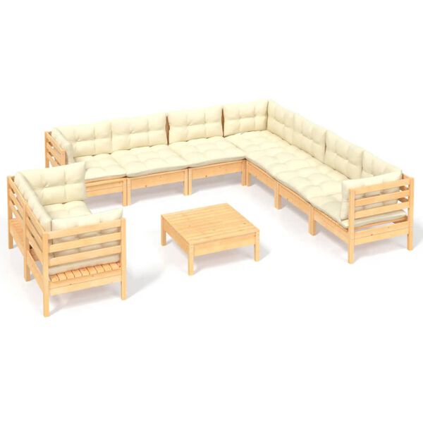 vidaXL 10 Piece Garden Lounge Set with Cream Cushions Solid Pinewood