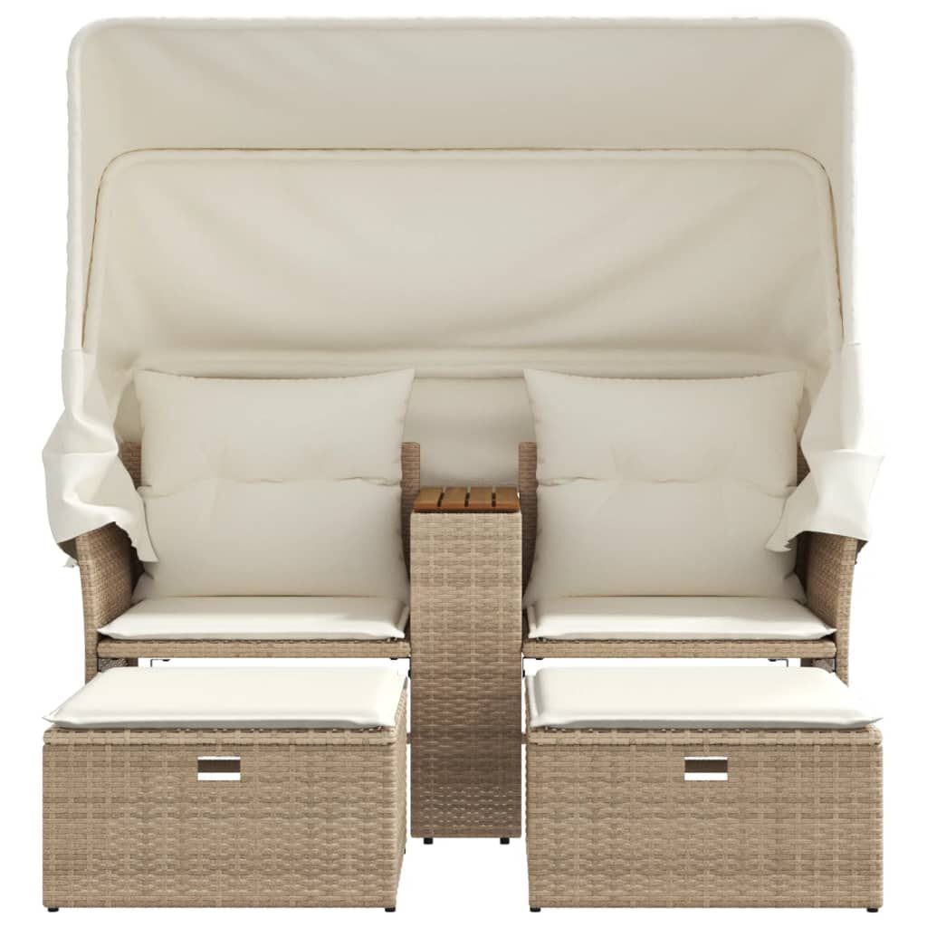 vidaXL Garden Sofa 2-Seater with Canopy and Stools Beige Poly Rattan