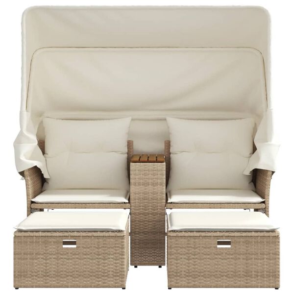 vidaXL Garden Sofa 2-Seater with Canopy and Stools Beige Poly Rattan