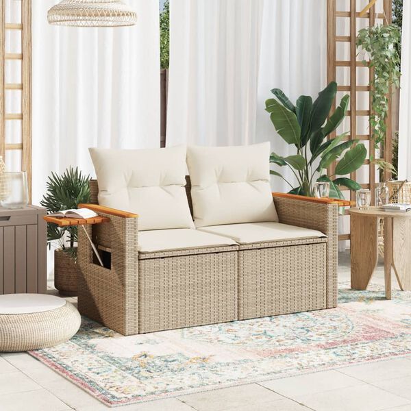 vidaXL Garden Sofa with Cushions 2-Seater Beige Poly Rattan