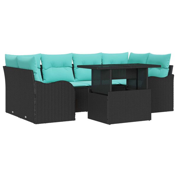 vidaXL 7 Piece Garden Sofa Set with Cushions Black Poly Rattan