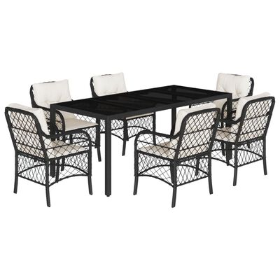 vidaXL 7 Piece Garden Dining Set with Cushions Black Poly Rattan