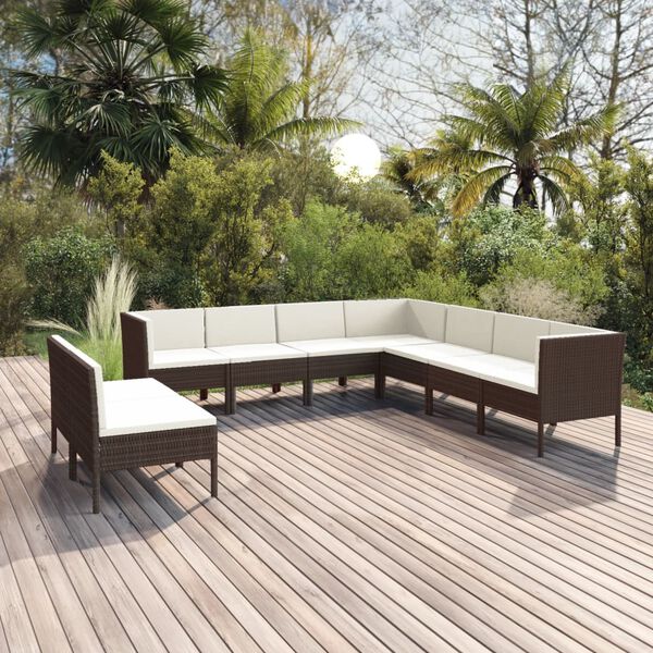 vidaXL 9 Piece Garden Lounge Set with Cushions Poly Rattan Brown
