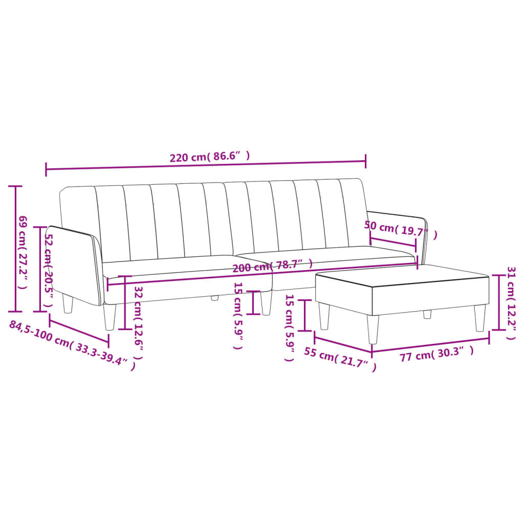 vidaXL 2-Seater Sofa Bed with Footstool Black Fabric
