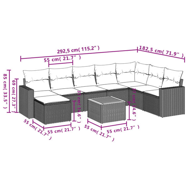 vidaXL 9 Piece Garden Sofa Set with Cushions Grey Poly Rattan