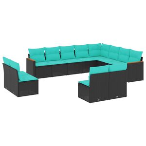 vidaXL 12 Piece Garden Sofa Set with Cushions Black Poly Rattan