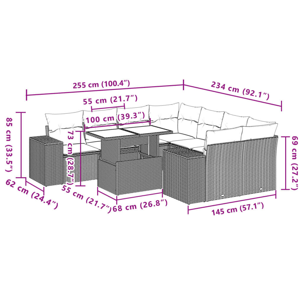 vidaXL 9 Piece Garden Sofa Set with Cushions Grey Poly Rattan