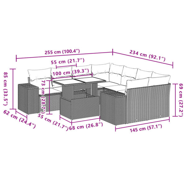 vidaXL 9 Piece Garden Sofa Set with Cushions Grey Poly Rattan