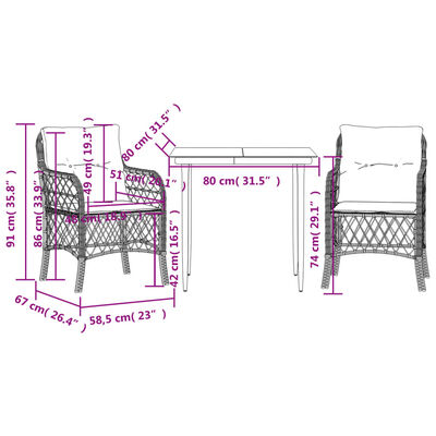 vidaXL 3 Piece Bistro Set with Cushions Grey Poly Rattan