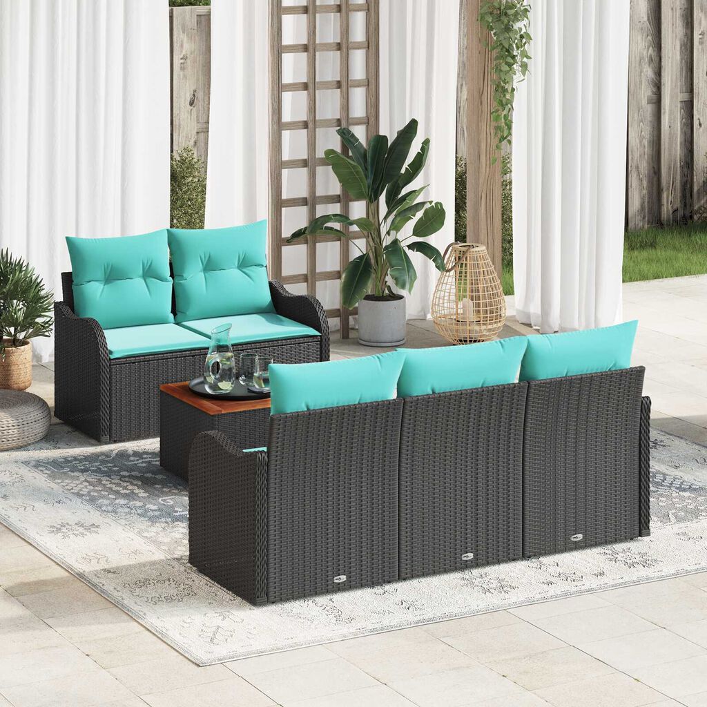 vidaXL 6 Piece Garden Sofa Set with Cushions Black Poly Rattan Acacia